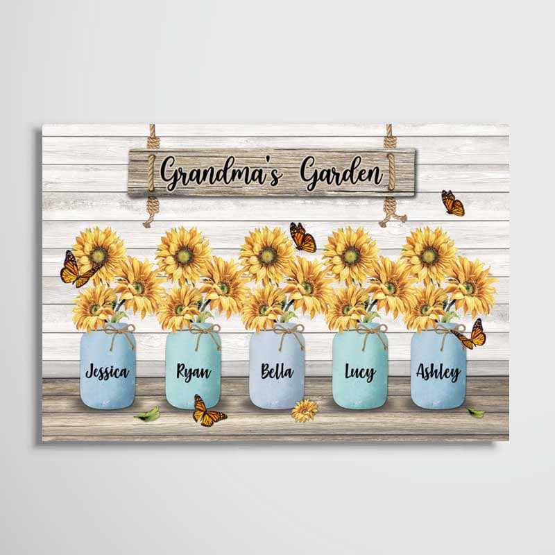 Personalized Grandma's Garden Sunflower Mason Jar Poster, Vibrant Wall Art, Unique Gift for Mom or Grandma
