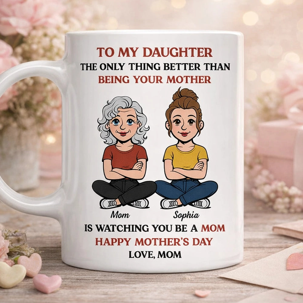 Personalized Mother-Daughter Cartoon White Ceramic Mug, Custom Names Look, Unique Mother's Day Gift for Mom