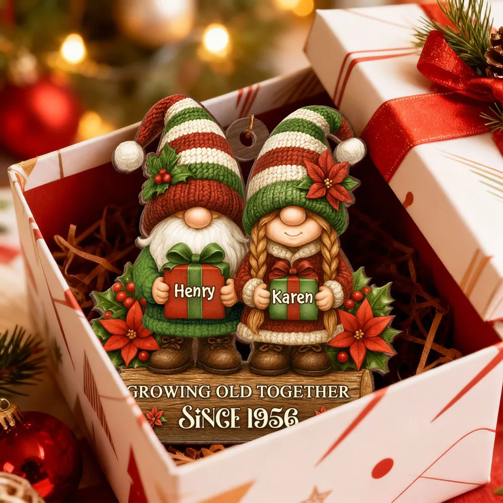 Wooden Ornament with Christmas Gnome Couple Holding Gifts, Clear Print, Perfect Holiday Gift for Couples