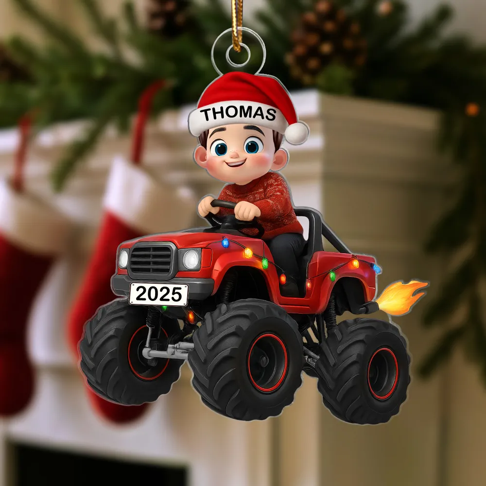 Personalized Acrylic Ornament - Kid Driving Monster Truck in Santa Hat - Christmas Tree Decor, Unique Gift for Kids