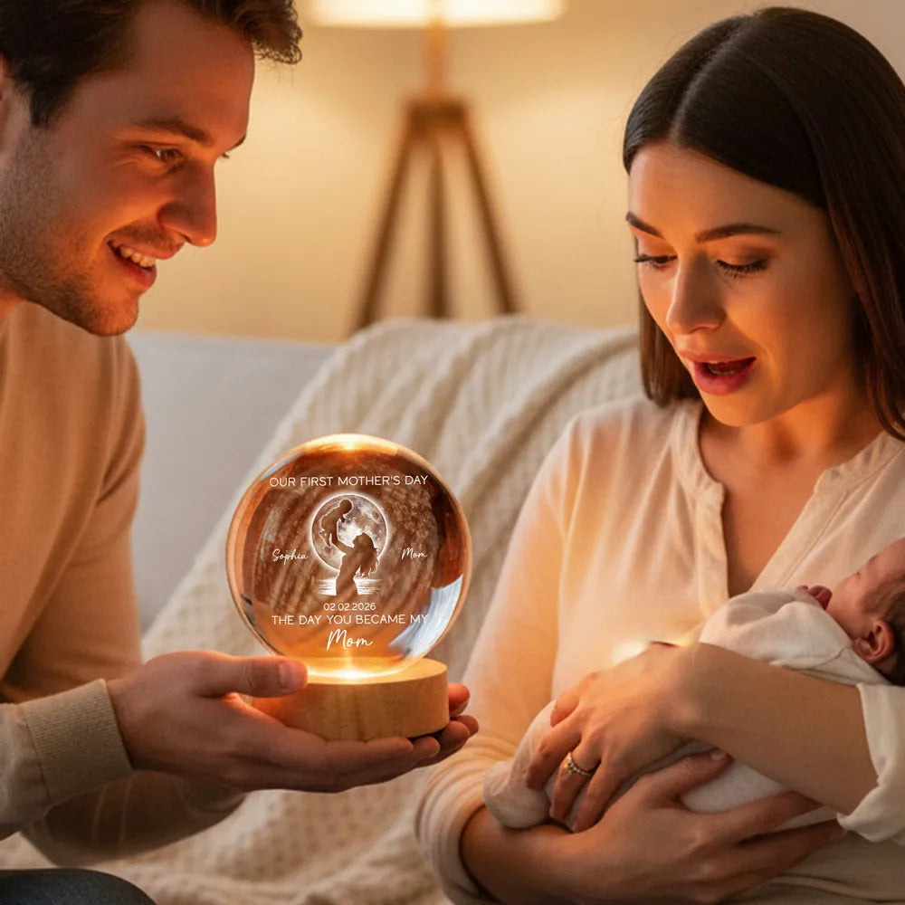 Personalized Globe Lamp with Custom Moon Phase for New Mom, Mother Holding Baby Silhouette, Unique First Mother's Day Gift