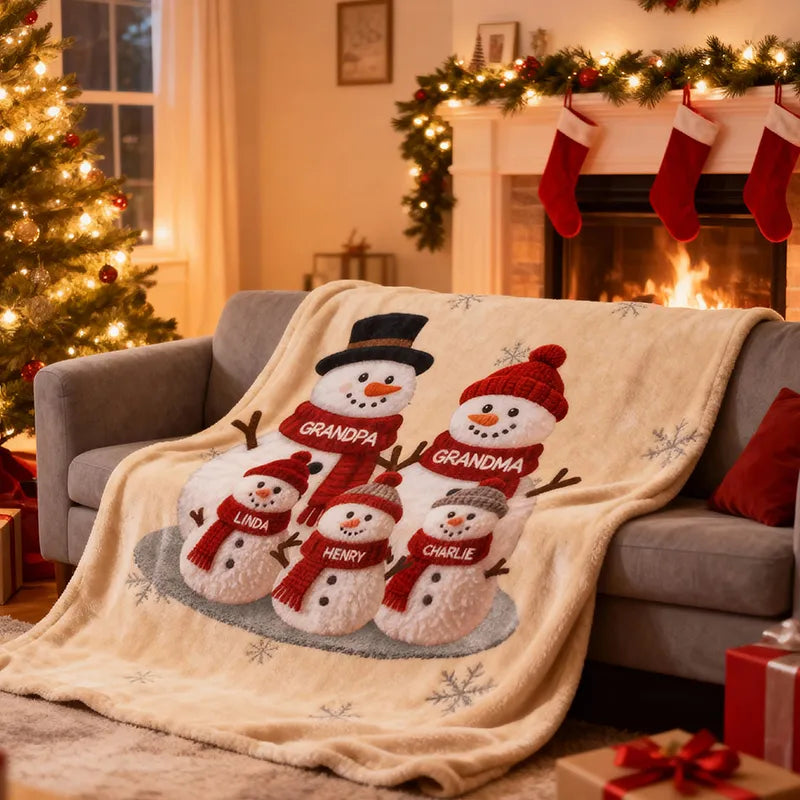 Custom Snowman Family Fleece Blanket, Snuggly Holiday Fleece for Grandma and Grandpa, Unique Personalized Christmas Gift