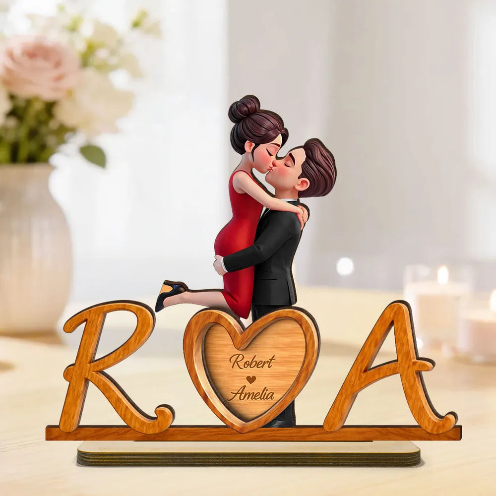 Personalized 2-Layer Wooden Plaque with Couple Kissing and Initials Heart for Desk Decor, Unique Romantic Gift for Her or Him