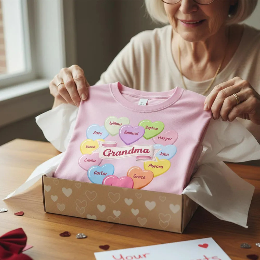 Personalized Grandma Classic Tee, Candy Heart Names Design for Valentine's Day, Unique Gift for Grandma