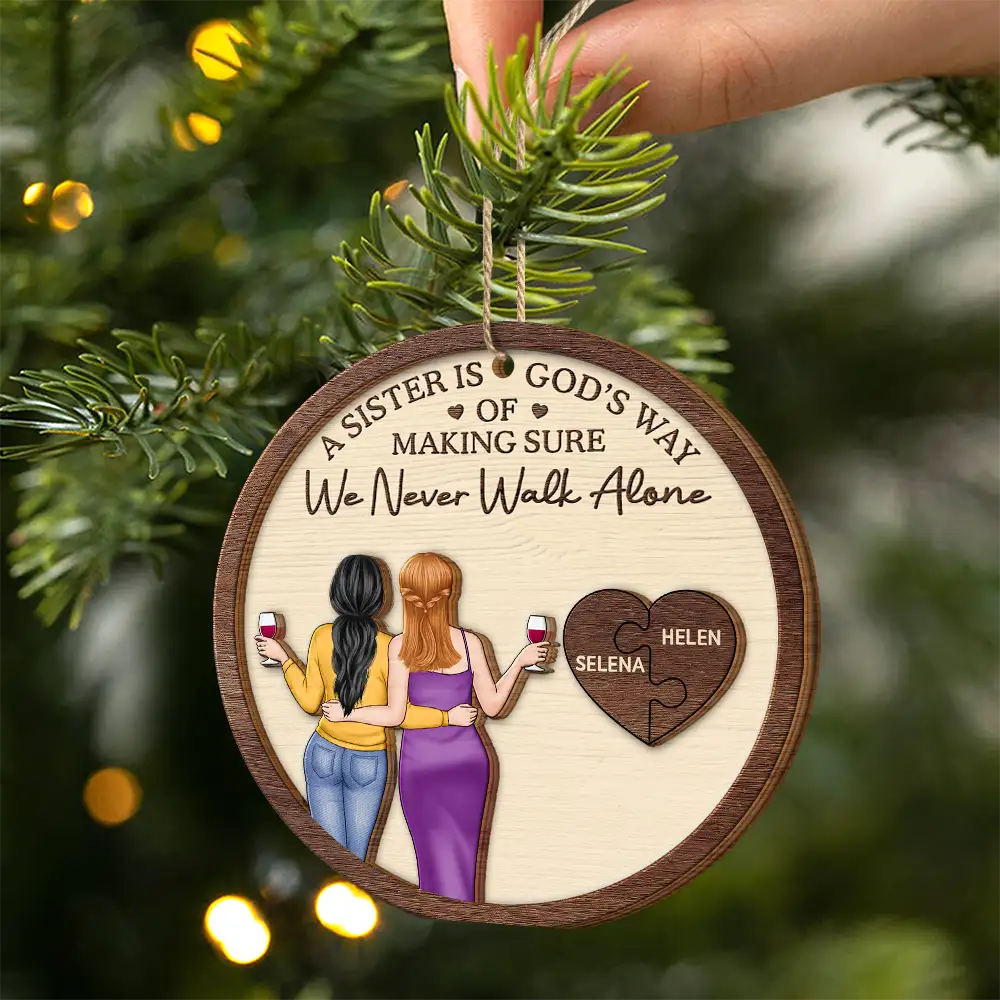 2-Layer Wooden Ornament with Hugging Friends & Puzzle Heart, We Never Walk Alone - Unique Christmas Gift for Best Friend