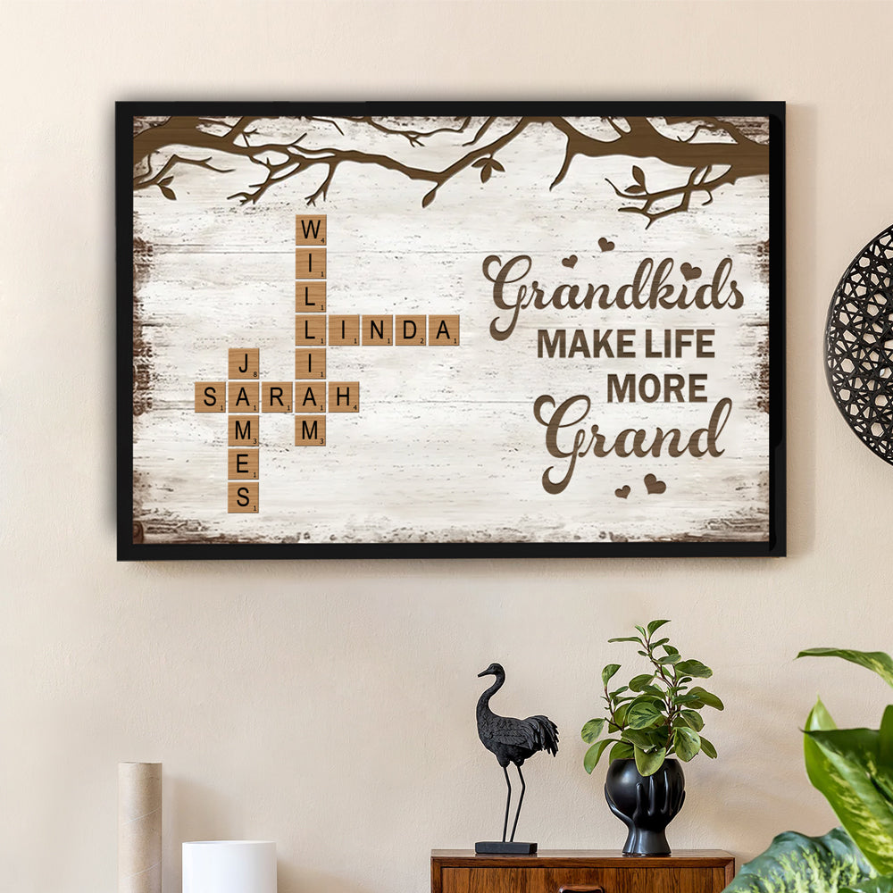 Personalized Family Poster – Grandkids Make Life More Grand – Custom Scrabble-Inspired Poster with Family Names