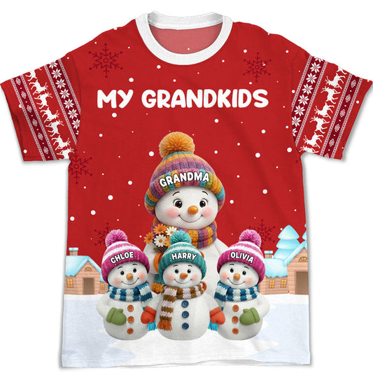 Personalized Printed Classic Tee for Grandma with Grandkids Snowman Scene, Cozy Christmas Gift She Will Love