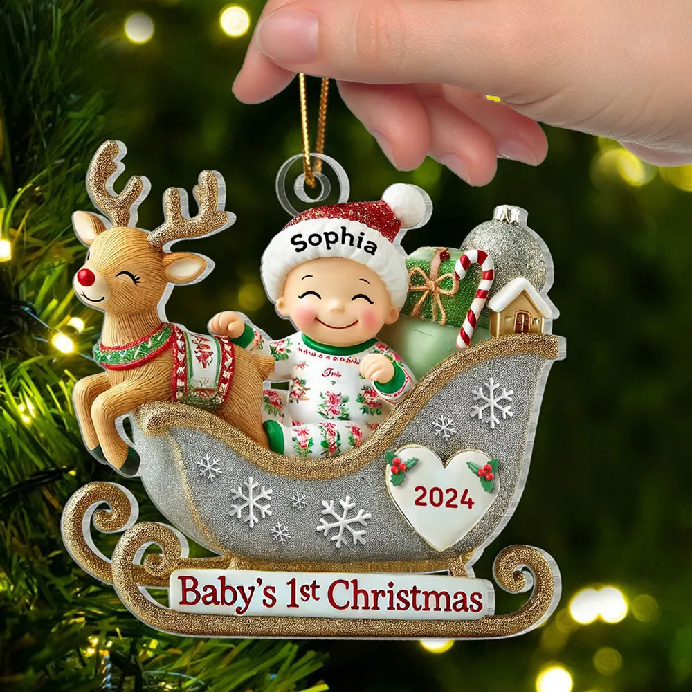 Baby’s 1st Christmas Acrylic Ornament – Adorable Reindeer Sleigh Design, Perfect Gift for Newborn Celebration