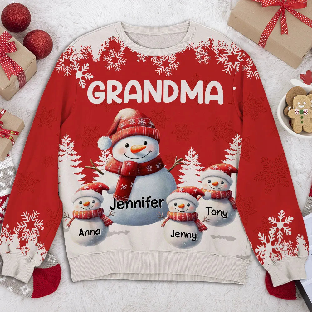 Snowman Family Sweatshirt, Personalized All-Over Print for Grandma, Festive Red, Snowy Forest vibe, a unique Christmas gift