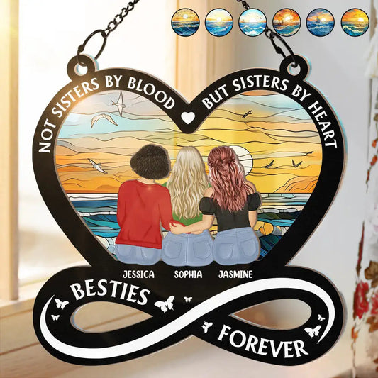 “Not Sisters by Blood but Sisters by Heart” Sunset Ornament – Double-Layer Wood & Acrylic Gift for Besties