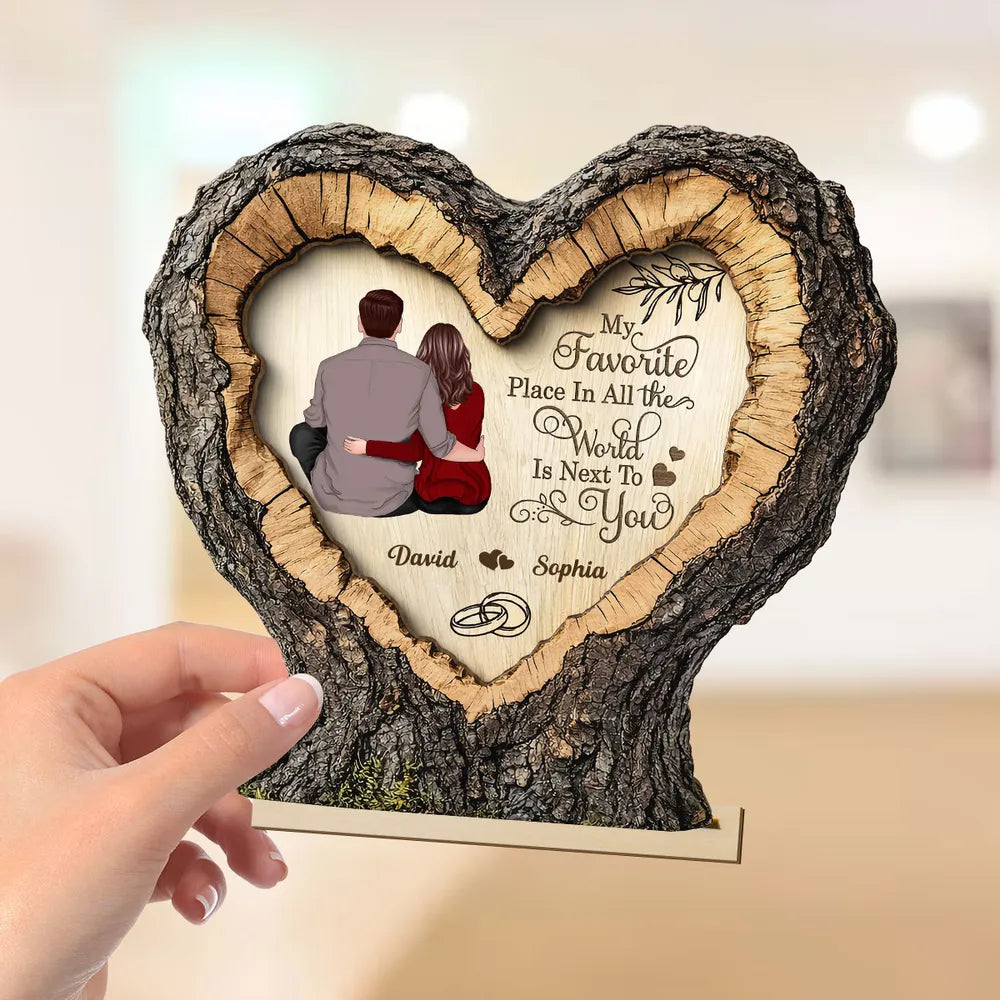 Personalized 2-Layer Wooden Plaque Heart Tree Ring Couple Hugging Unique Gift for Wife or Husband, My Favorite Place Is Next To You