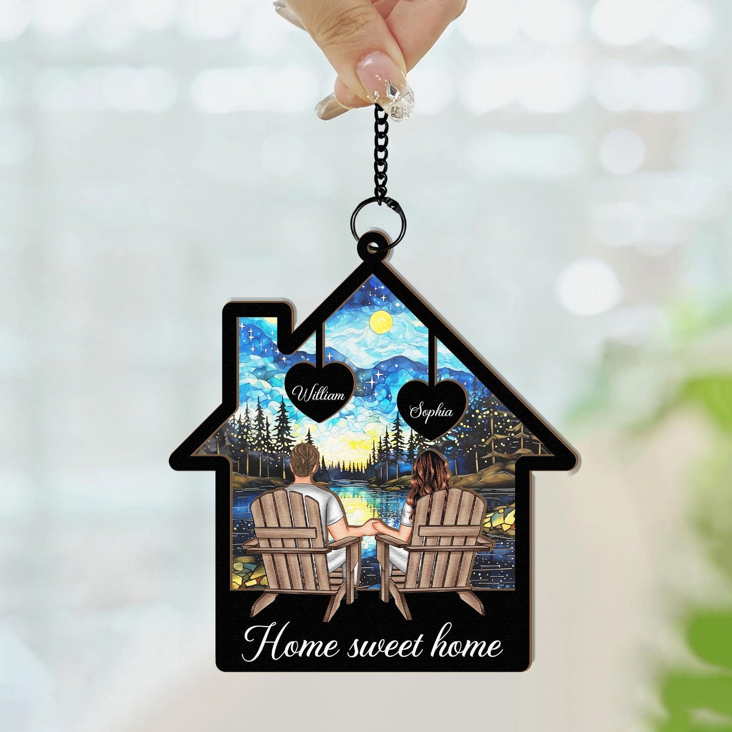 Starlit Forest Scene Couple Ornament – Personalized Wood and Acrylic Hanging Keepsake for Lovers