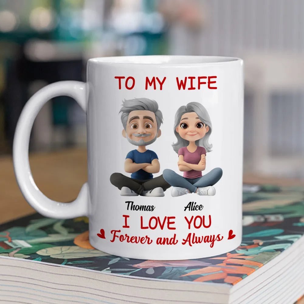 Personalized White Ceramic Mug for Wife, Cute Cartoon Couple Sitting, I Love You Forever and Always Unique Gift