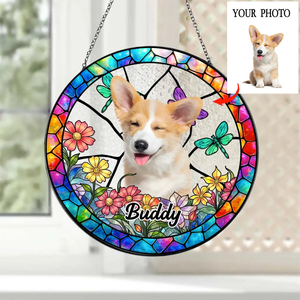 Custom Pet Suncatcher Ornament – Personalized Dog Photo Gift with Floral and Stained Glass Design