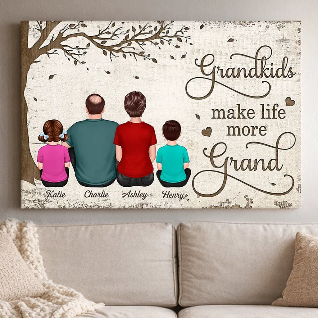 Personalized Grandkids Make Life More Grand Poster, Back View Family Under Tree, Unique Gift for Grandma & Grandpa