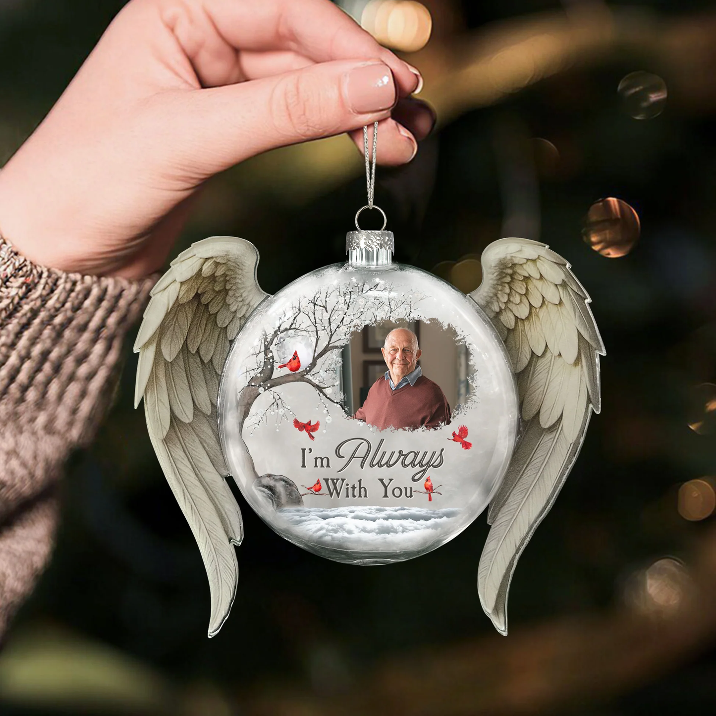 Custom Acrylic Flat Ball Ornament with Photo & Cardinals – I Am Always With You Memorial Christmas Gift for Remembering a Loved One