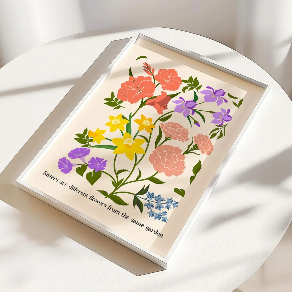 Personalized Birth Flower Bouquet Poster Minimalist Floral Wall Decor Unique Gift for Sisters, Sweet Quote Keepsake