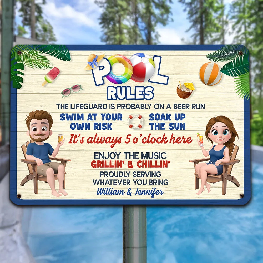 Personalized Pool Rules Rectangular Iron Sign for Backyard Pool Decor, Funny Summer Vibes, Unique Gift for Couples