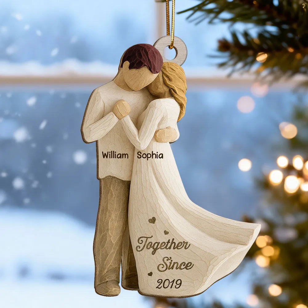 Romantic Wooden Ornament Personalized for a Couple, Sweet Hugging Design with Warm Neutrals, Unique Gift for Partner