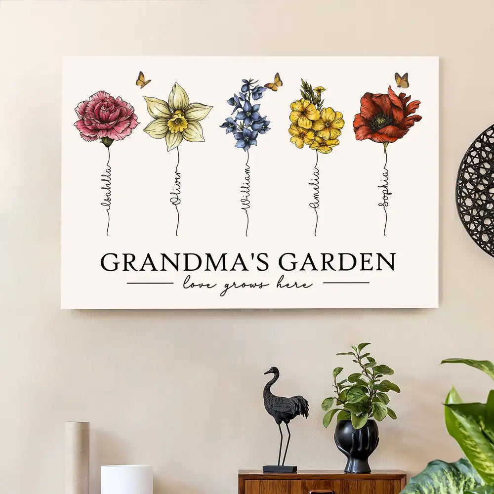 Grandma's Garden – Beautiful Floral Poster with Custom Family Names, Perfect Gift for Grandma