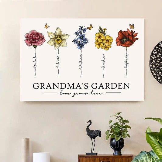 Grandma's Garden – Beautiful Floral Poster with Custom Family Names, Perfect Gift for Grandma