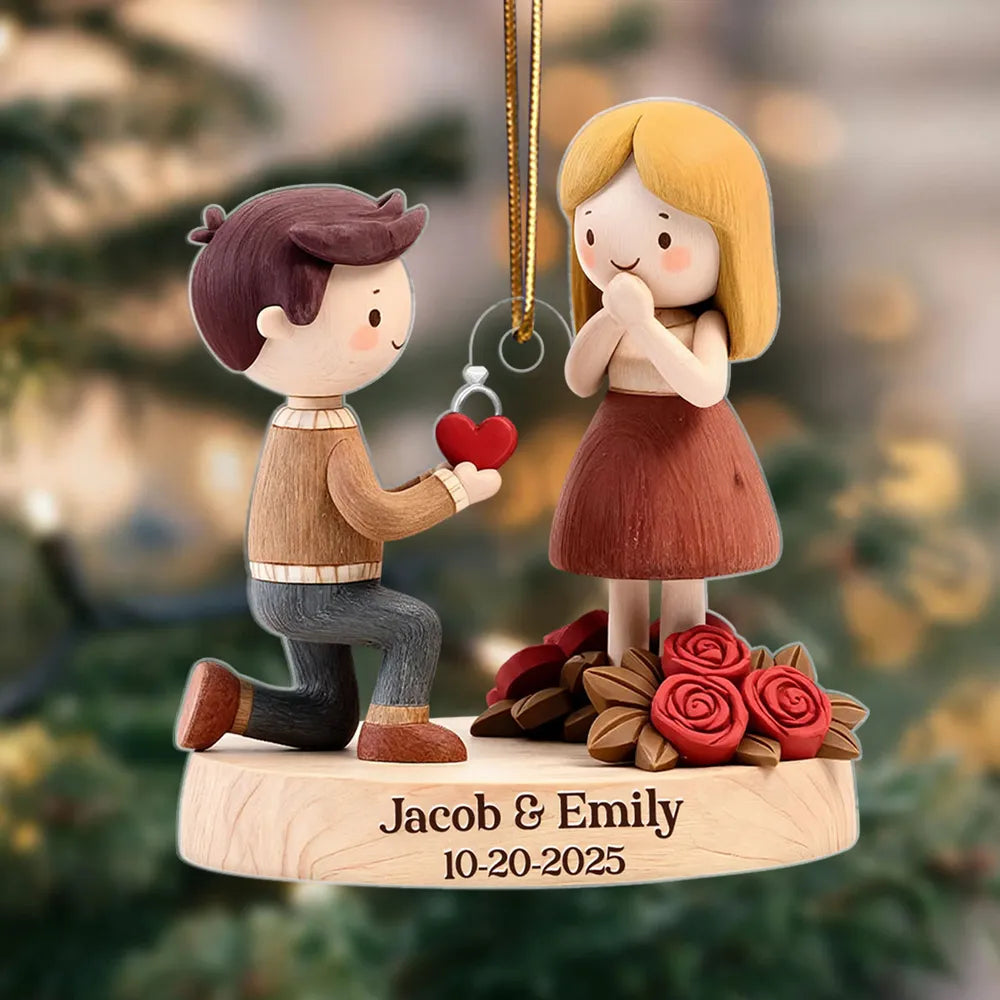 Romantic Personalized Acrylic Ornament with Kneeling Couple and Heart Charm Cozy Holiday Keepsake Unique Gift for Couples
