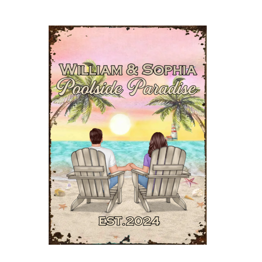 Relaxing Poolside Paradise Decor with Optional Flag Background Couple Sitting Personalized Flag, Sign, Vase - Perfect for Garden, Housewarming, Birthday, Anniversary Gift for Him, Her