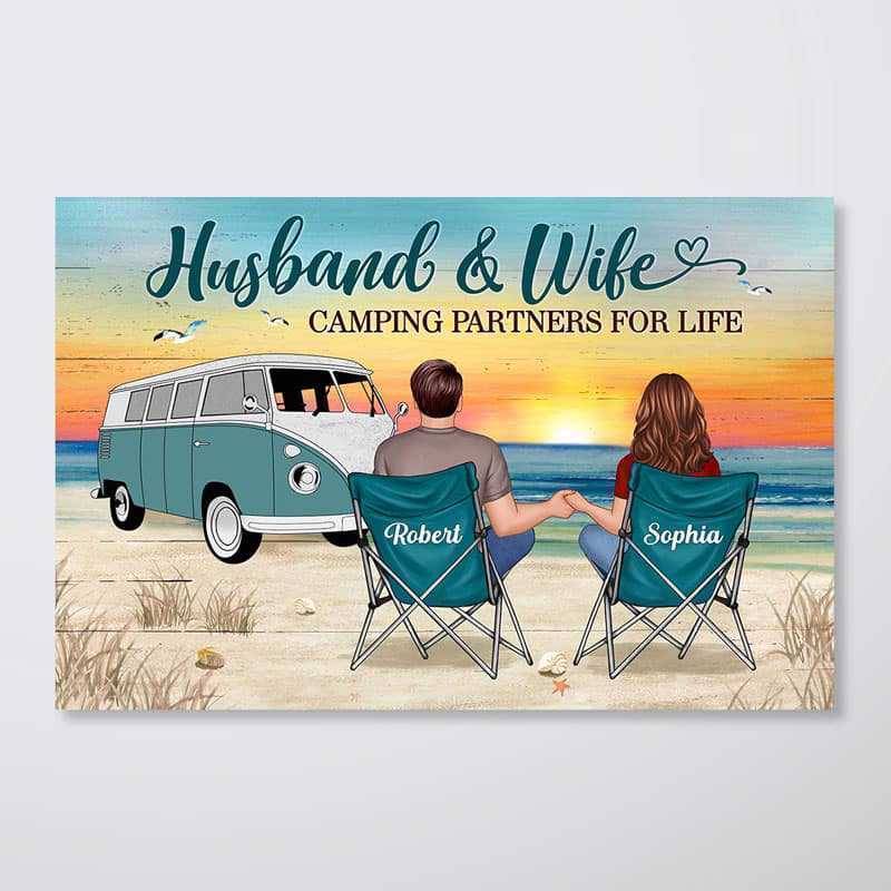 Back View Couple Camping Beach Landscape Personalized Horizontal Poster, Cancas, Keychain, Plaque, Car Hanger, Pillow, Wallet, Wallet Car, Cap amd Cup