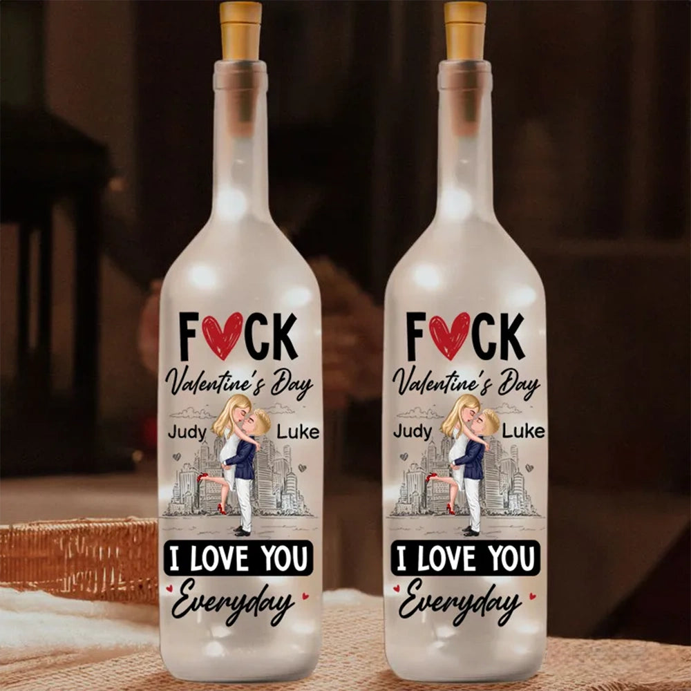 Personalized Bottle Lamp With Couple Hugging City Sketch, I Love You Everyday, Unique Valentine's Day Gift With Warm Glow