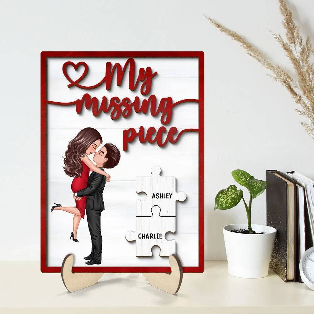 Embrace of Love - 'My Missing Piece' Personalized 2-Layer Wooden Plaque with Hugging & Kissing Couple - Ideal Valentine's & Anniversary Gift for Him & Her