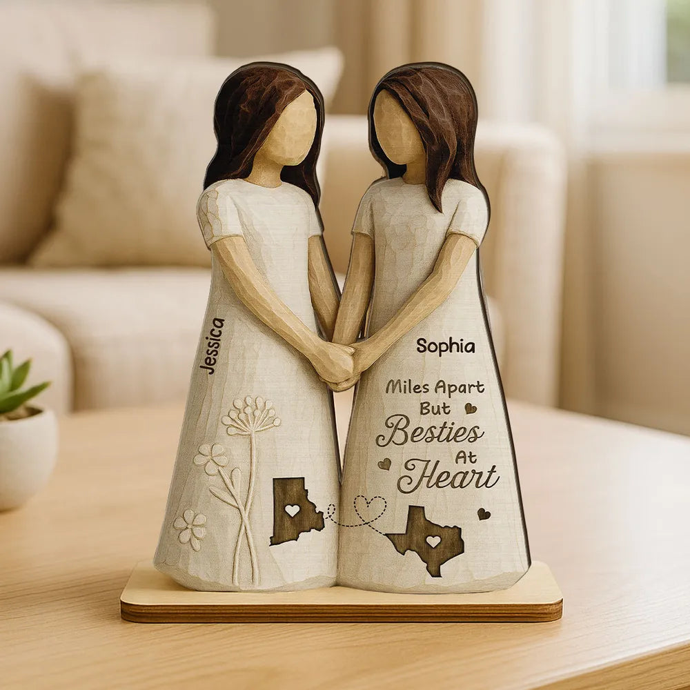 Personalized Wooden Plaque Besties At Heart Long-Distance Friends Holding Hands Rustic Shelf Decor Unique Gift