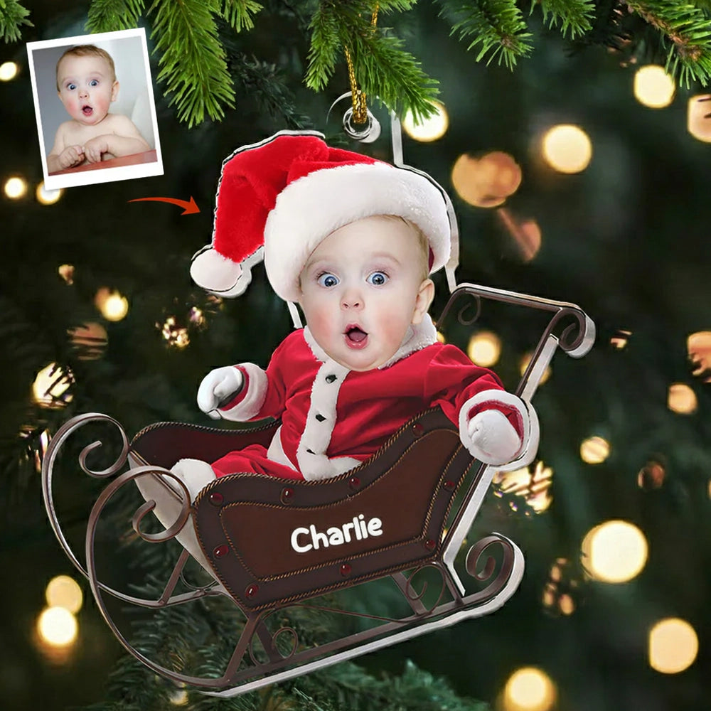 Acrylic Ornament Custom Photo Santa Baby in Sleigh for Christmas Tree, Keepsake, Unique Gift for Parents and Grandparents