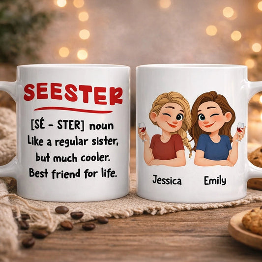 Personalized Seester Squad Ceramic Mug with Cute Cartoon Besties - Unique Coworker or Best Friend Gift