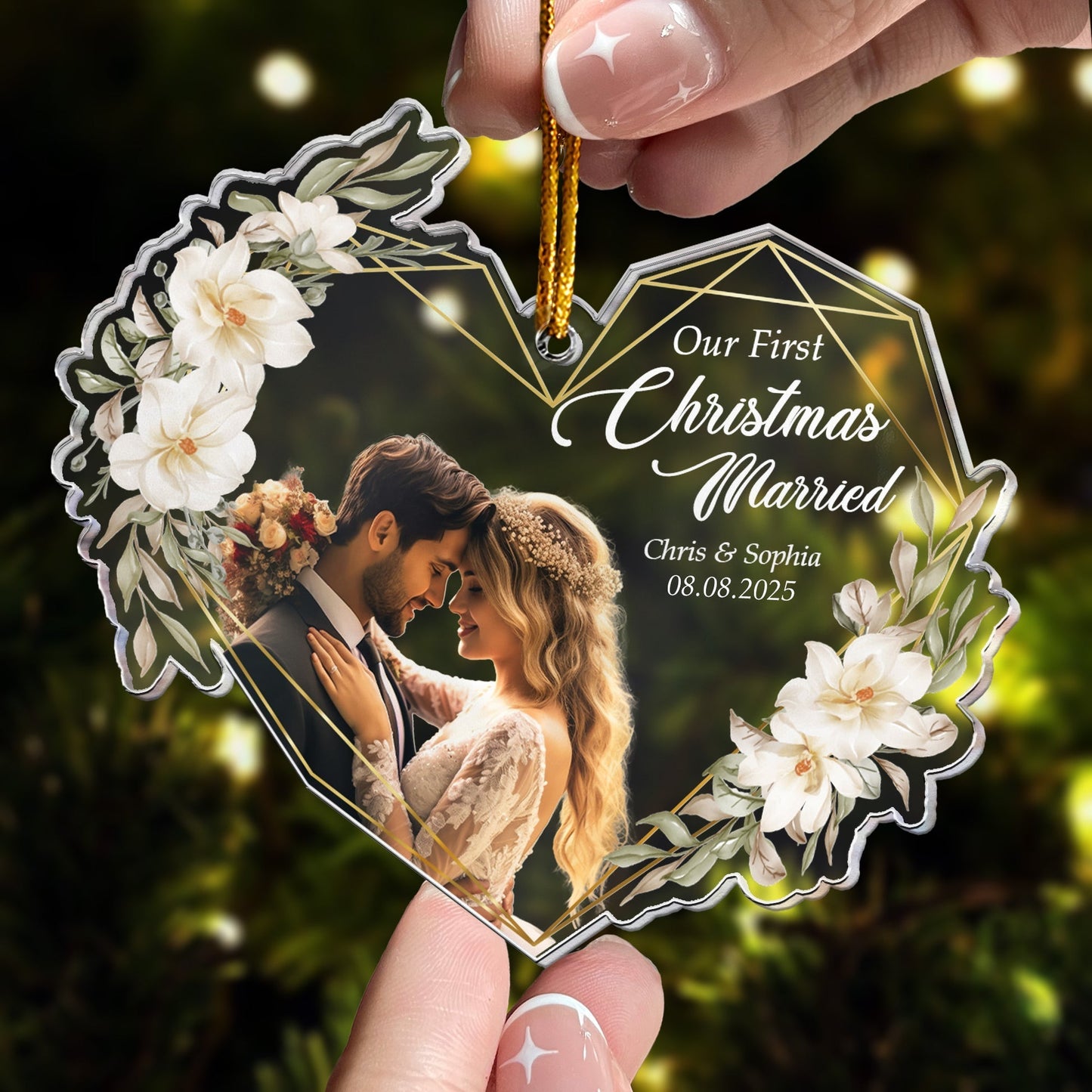 Heart-Shaped Acrylic Ornament with Wedding Design, Celebrating Romantic Moments, Perfect Gift for Newlyweds