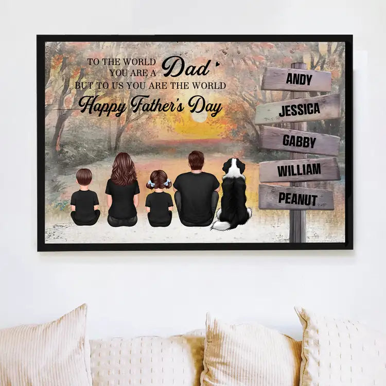 Custom Back‑View Family Canvas – Dad Is Our World Quote, Signpost with Names, Heartfelt Gift for Husband or Son