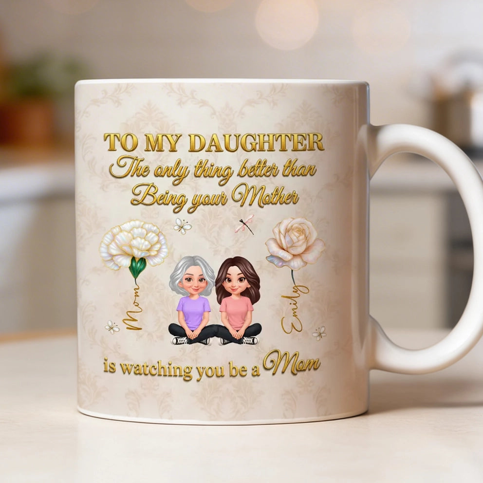 To My Daughter Inspirational Ceramic Mug, Personalized Keepsake Gift from Mom, Warm Neutral Floral Design