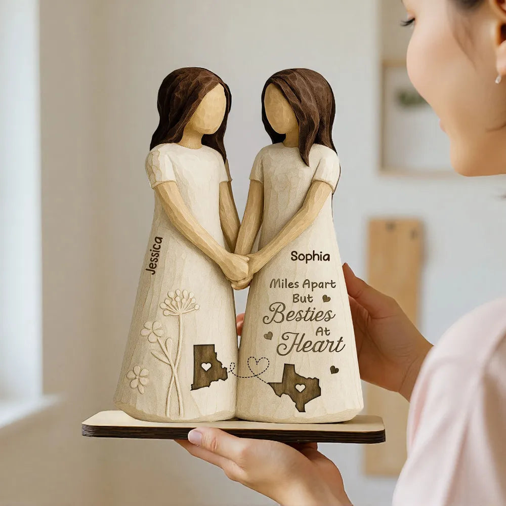 Personalized Wooden Plaque Besties At Heart Long-Distance Friends Holding Hands Rustic Shelf Decor Unique Gift