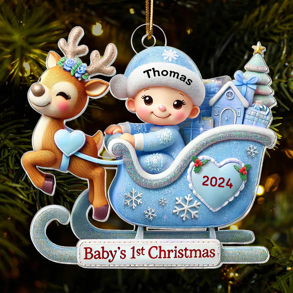 Baby’s 1st Christmas Acrylic Ornament – Adorable Reindeer Sleigh Design, Perfect Gift for Newborn Celebration