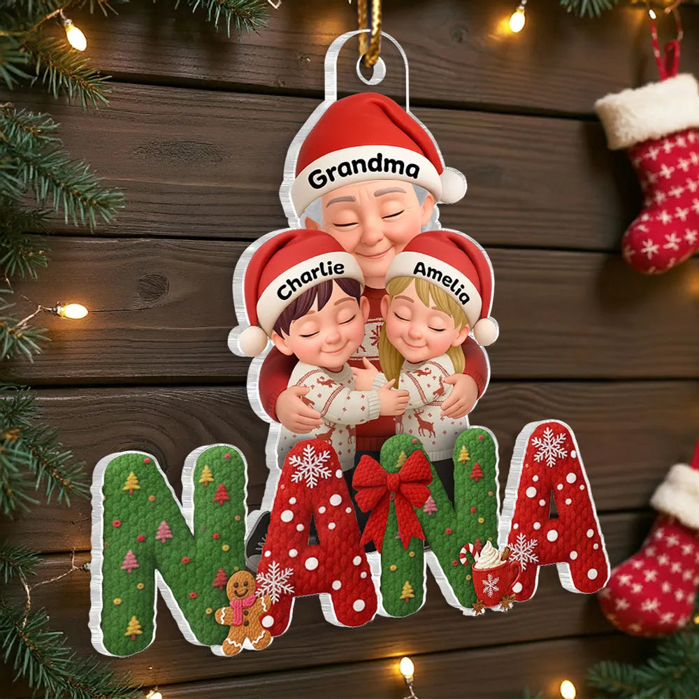 Personalized Acrylic Ornament for Grandma and Grandkids, Cozy Hugging Scene, Cute Christmas Tree Decor, Unique Holiday Gift