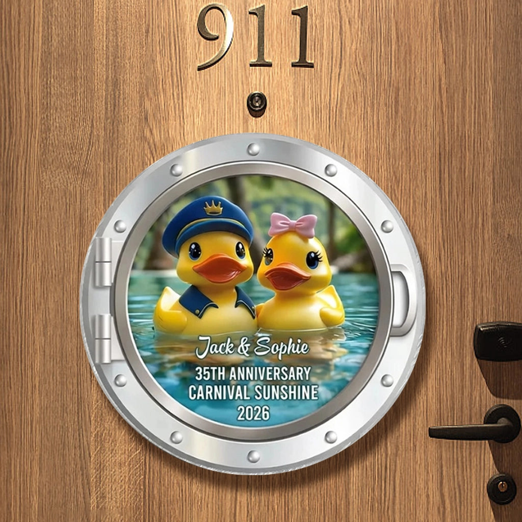 Romantic Personalized Acrylic Magnet of a Rubber Duck Couple on the Water, Sweet Anniversary Cruise Keepsake Gift