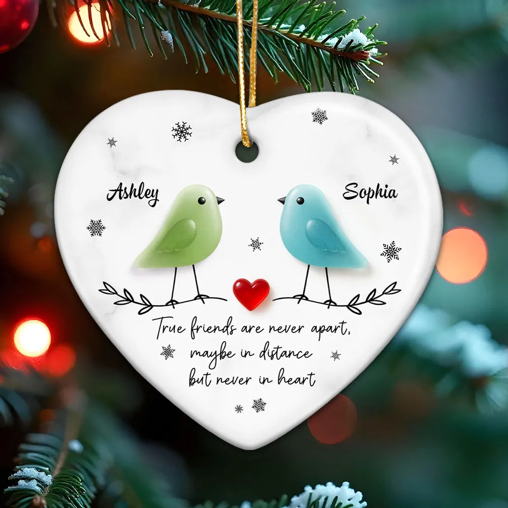 Ceramic Heart Ornament - Colorful Birds, Red Heart & Snowflakes - Unique Gift for Friends, Besties, Long-Distance Bond