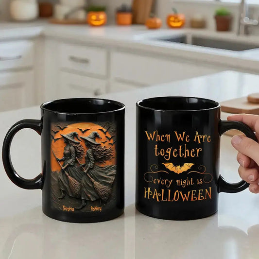 Custom Halloween Mug with Twin Witches & Spooky Night Design