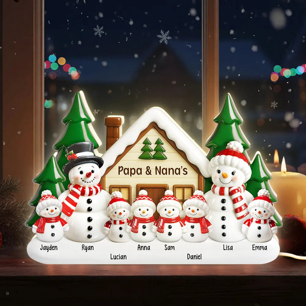 Acrylic Light Box Snowman Family Cabin, Warm Glow Christmas Decor, Custom Design, Unique Gift for Grandparents