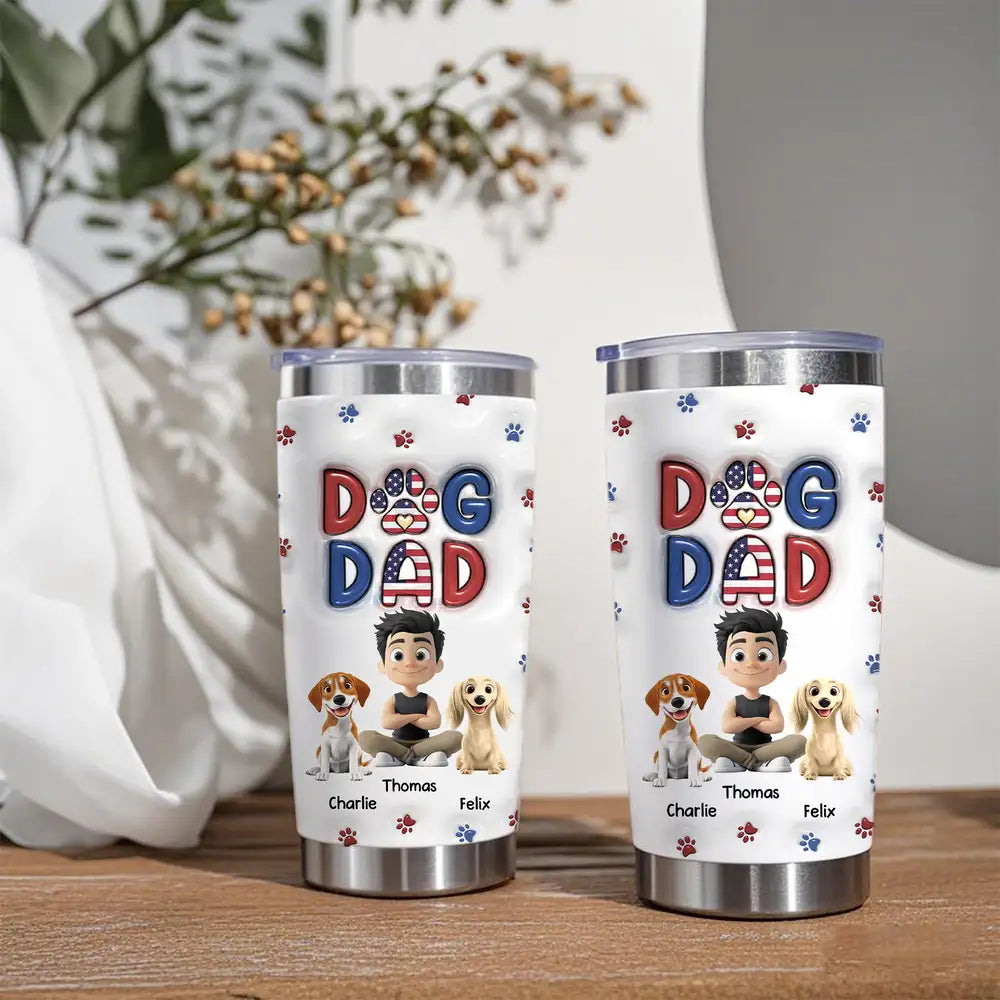 Funny DOG DAD Travel Tumbler – Pet Illustration with Custom Names – Perfect Gift for Dog Dads on Father’s Day or Birthdays