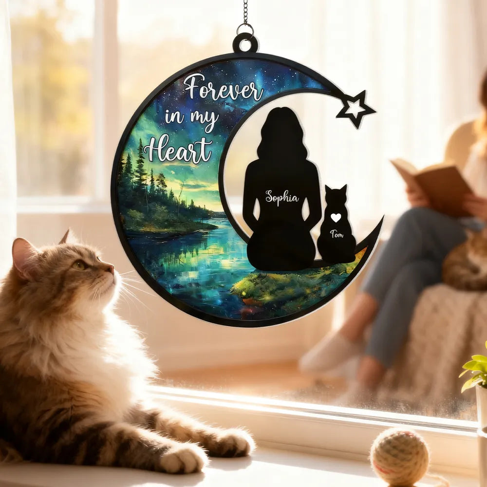 Personalized Acrylic Suncatcher Ornament Cat Memorial Silhouette in Starry Lake Scene - Unique Gift for Cat Lovers