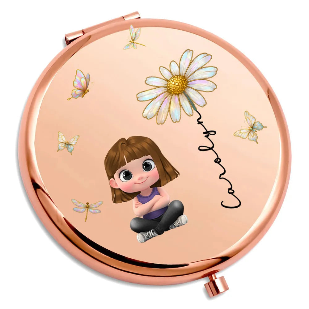 Personalized Metal Compact Mirror With Cute Cartoon Girl & Butterfly Florals - Unique Gift For Her, Purse-Ready Smile Booster