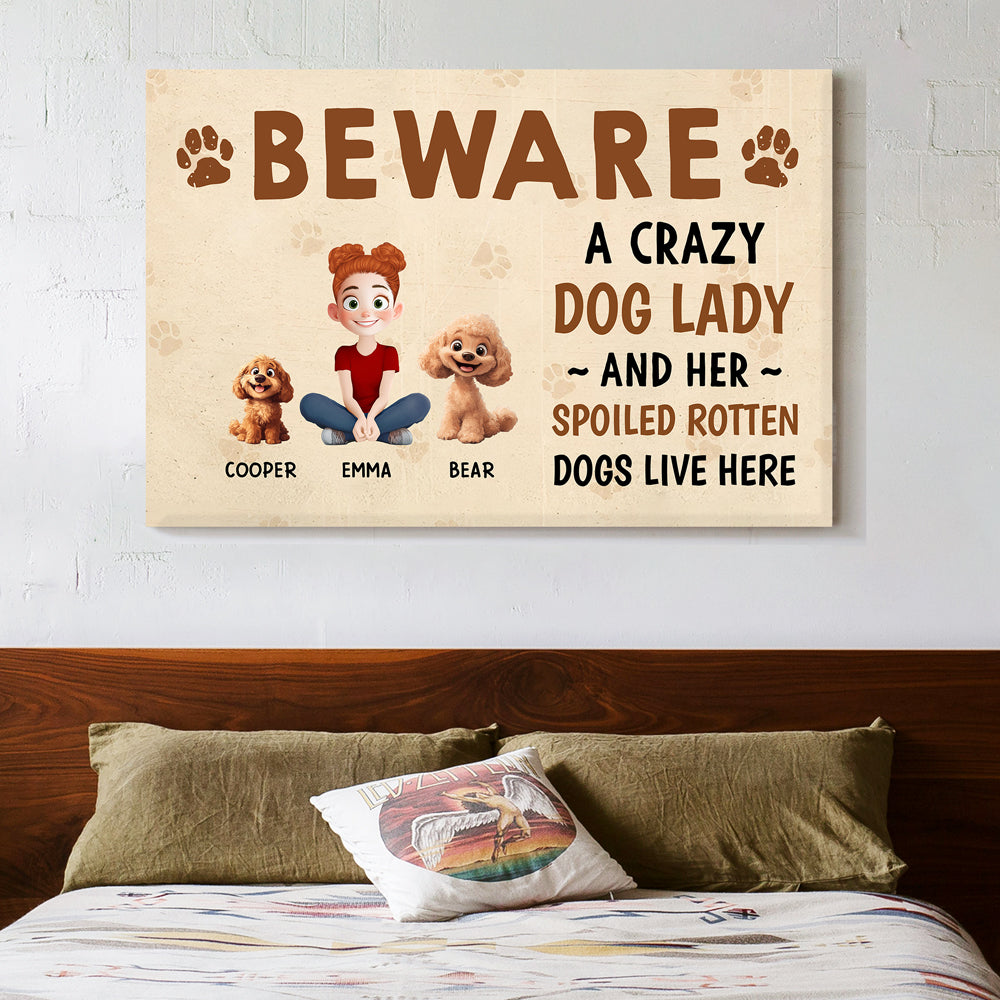 Beware – A Crazy Dog Lady and Her Spoiled Dogs Live Here! Funny Customizable Sign for Dog Lovers, Great Gift for Pet Owners, Available as Rectangular Iron Sign, Wooden Sign, and Keychain