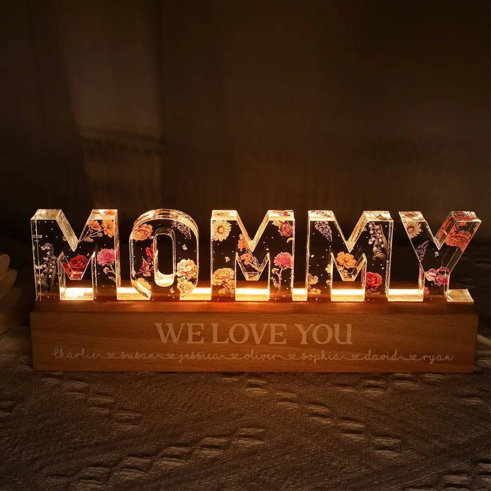 Personalized Block LED Light Plaque with Floral MOMMY Design and Warm Glow for Bedroom or Desk, Unique Gift for Mom