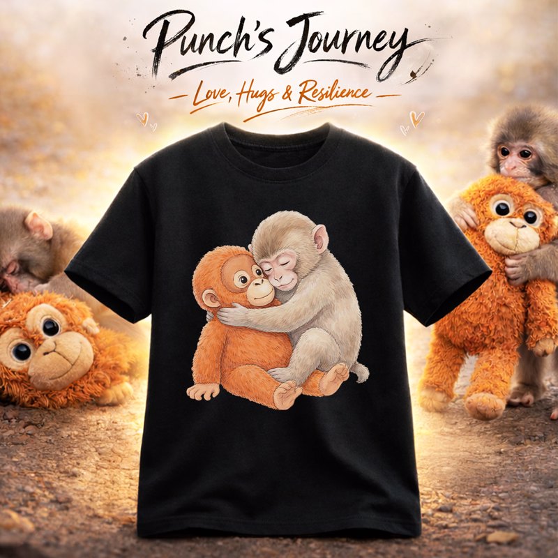 Cute Punch Monkey Graphic Classic Tee, Hugging Baby Monkey Art, Cozy Viral Animal Lover Gift Shirt