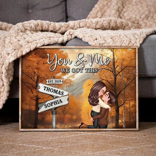 Personalized Couple Kissing at Crossroads Street Sign Poster, Cozy Autumn Wall Art, Unique Gift for Couples